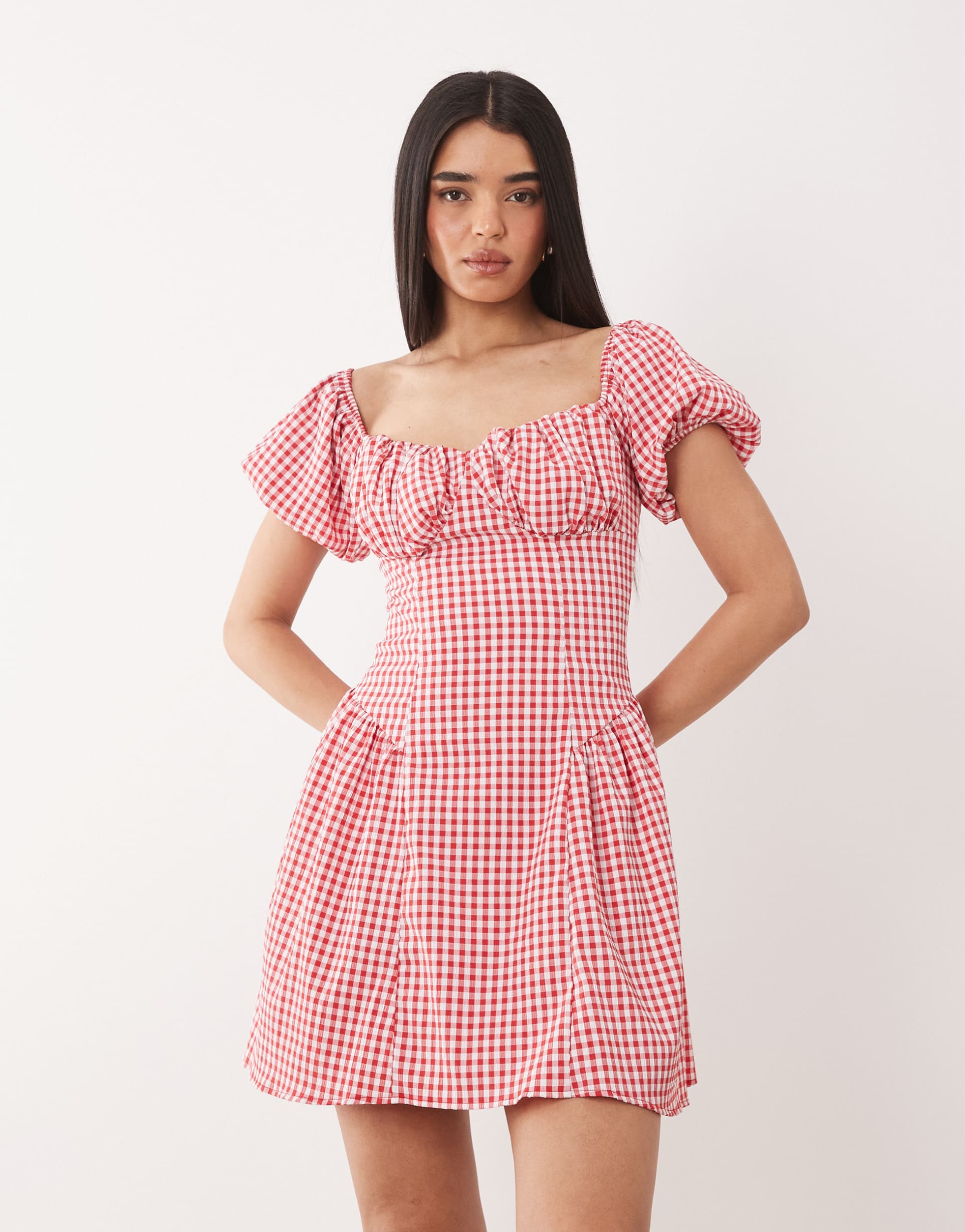 kaiia exclusive cotton milkmaid puff sleeve hip pleat detail mini dress in red gingham