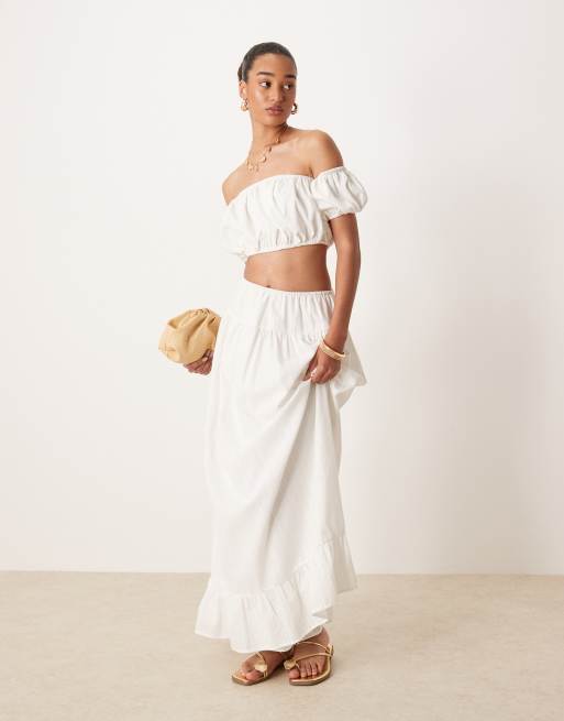 Kaiia exclusive cotton off the shoulder gathered puff detail crop