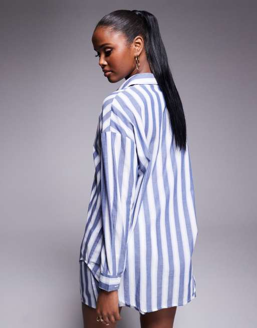 Kaiia exclusive cotton oversized shirt in blue and white deckchair stripe (part of a set)  , 2 of 4