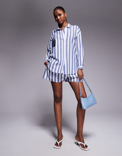 Kaiia exclusive cotton oversized shirt in blue and white deckchair stripe (part of a set)  , 4 of 4