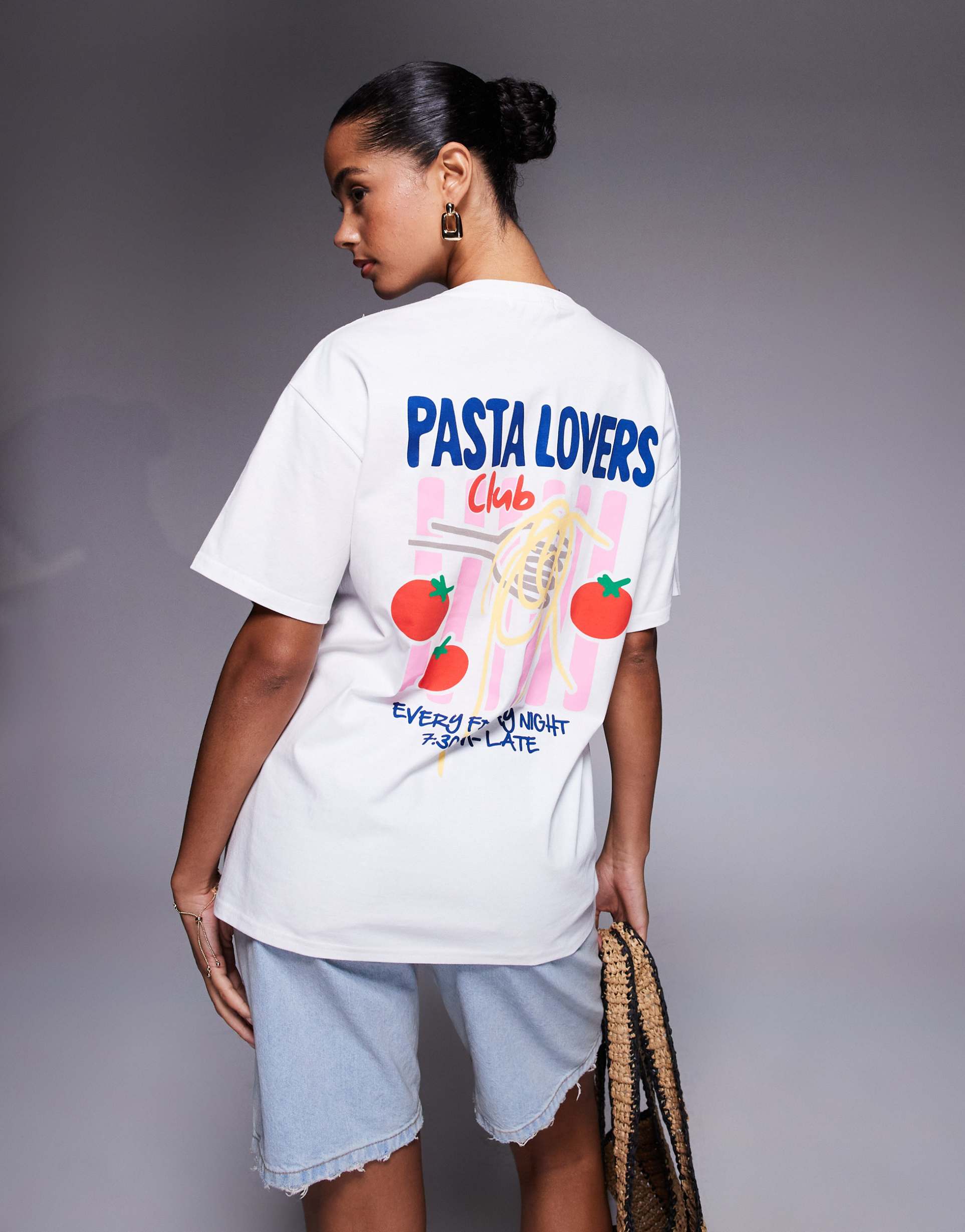 kaiia exclusive cotton pasta lovers club back graphic oversized t-shirt in white
