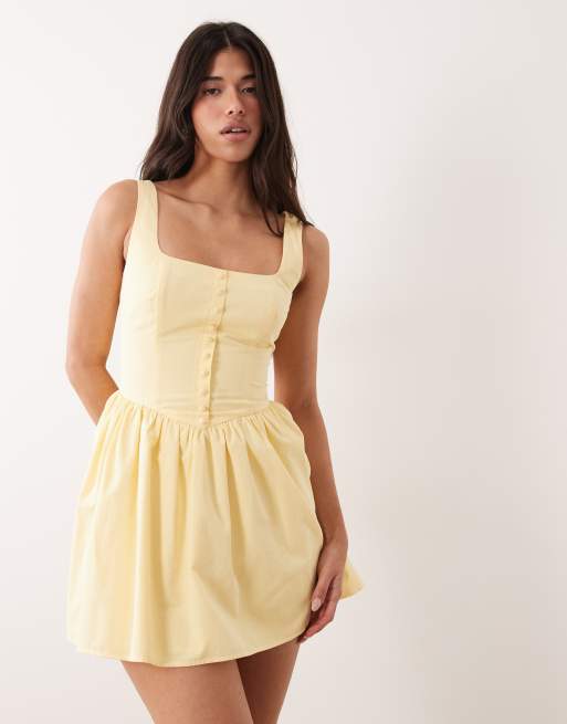 Kaiia exclusive cotton poplin square neck button through lace up back mini dress in yellow, 2 of 4