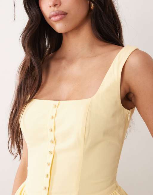 Kaiia exclusive cotton poplin square neck button up lace up back mini dress in yellow, 3 of 4
