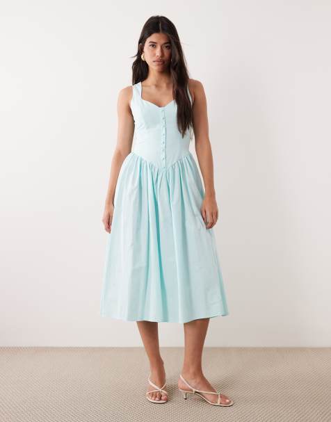 Kaiia exclusive cotton poplin sweetheart neckline button detail dropped v waist maxi dress in baby blue - view 1