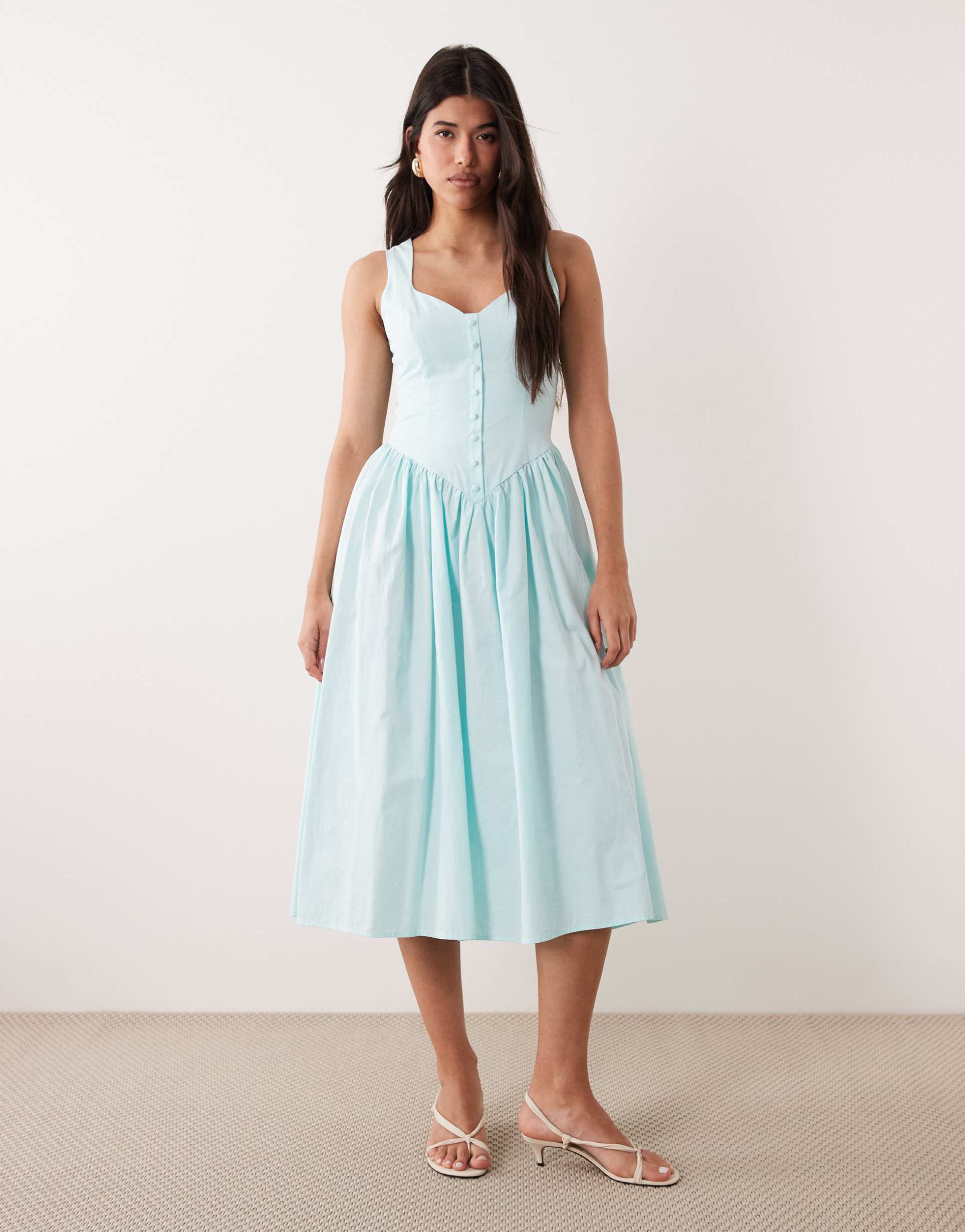 kaiia exclusive cotton poplin sweetheart neckline button detail dropped v waist maxi dress in baby blue