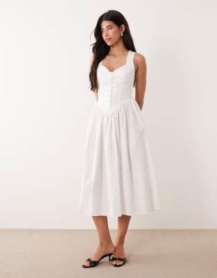 Kaiia Exclusive Cotton Poplin Sweetheart Neckline Button Detail Dropped V Waist Maxi Dress In White