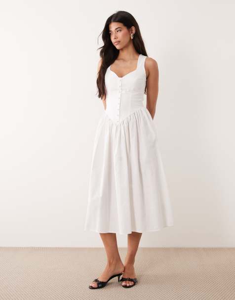 Kaiia exclusive cotton poplin sweetheart neckline button detail dropped v waist maxi dress in white - view 1