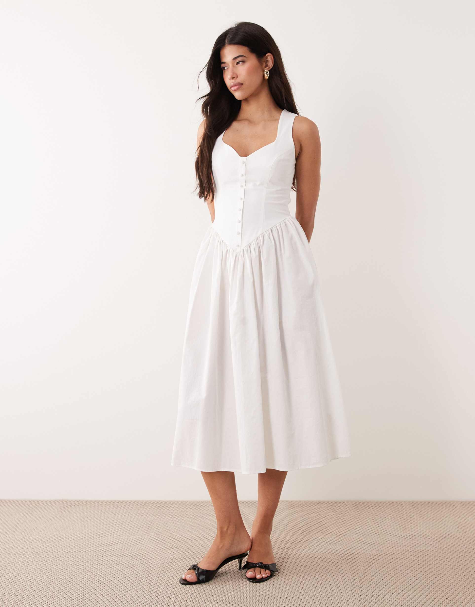 kaiia exclusive cotton poplin sweetheart neckline button detail dropped v waist maxi dress in white