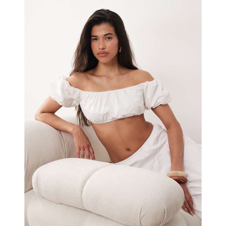 Kaiia exclusive cotton puff off the shoulder sleeve bandeau crop