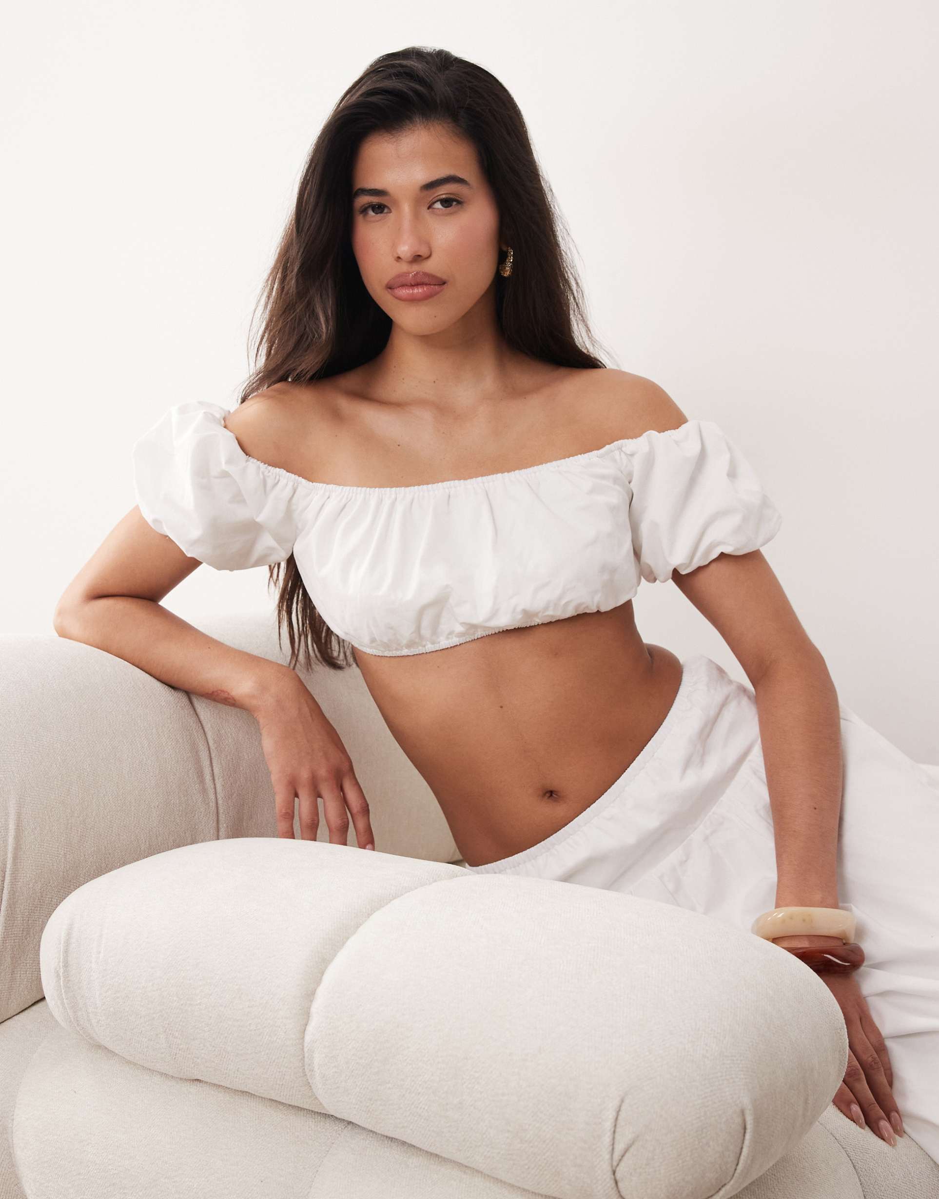 kaiia exclusive cotton puff off the shoulder sleeve bandeau crop top in white - part of a set