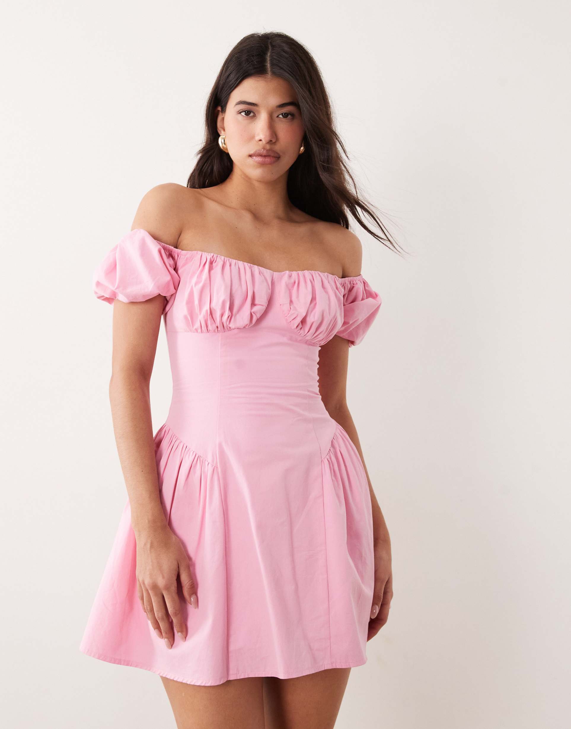 kaiia exclusive cotton puff sleeve pleated hip detailing milkmaid mini dress in baby pink