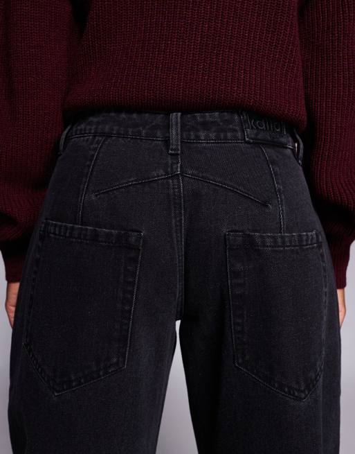 Kaiia exclusive cotton rich barrel leg denim jeans in black wash  , 4 of 5