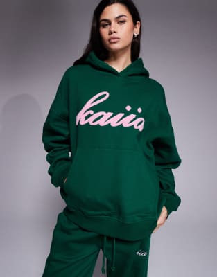Kaiia Exclusive Cotton Rich Borg Logo Oversized Hoodie Co-ord In Green