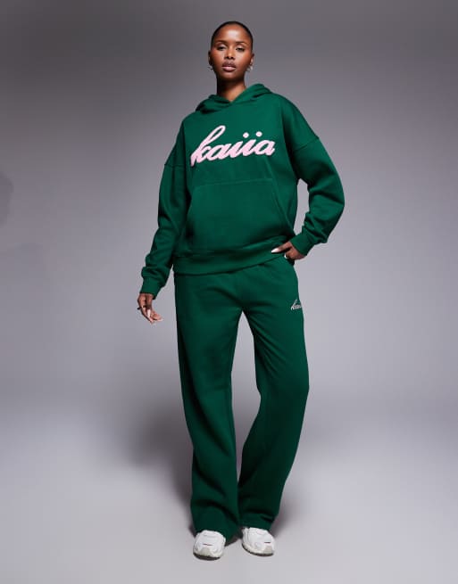 Kaiia exclusive cotton rich borg logo oversized hoodie co-ord in green and pink  , 4 of 4
