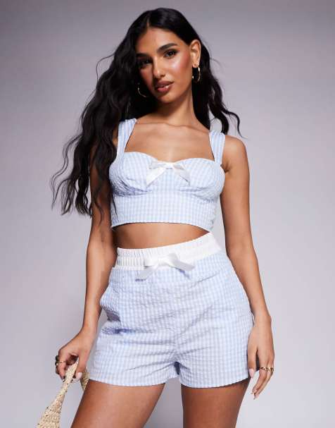 Kaiia exclusive cotton rich boxer waistband bow detail shorts in blue gingham seersucker (part of a set) - view 1