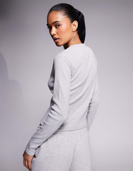 Kaiia exclusive cotton rich button front long sleeve ribbed top in dark grey marl (part of a set)  , 4 of 4