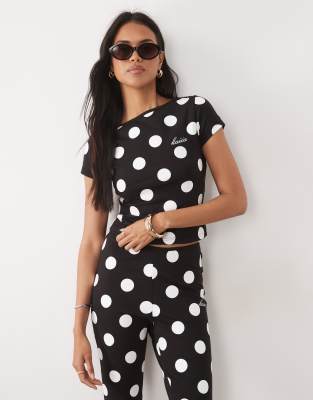 Kaiia exclusive cotton rich cropped baby tee co-ord in black and white polka dot