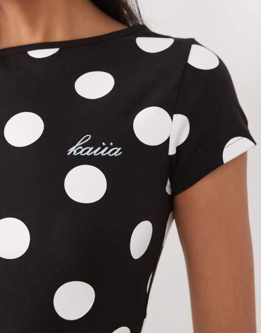 Kaiia exclusive cotton rich cropped baby tee co-ord in black and white polka dot, 3 of 4