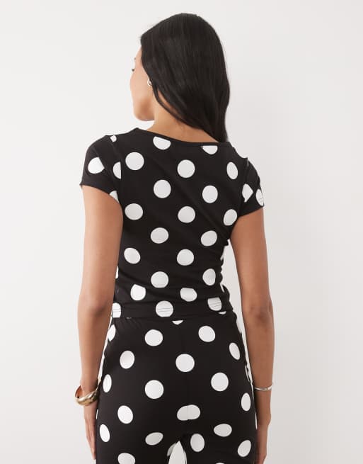 Kaiia exclusive cotton rich cropped baby tee co-ord in black and white polka dot, 4 of 4