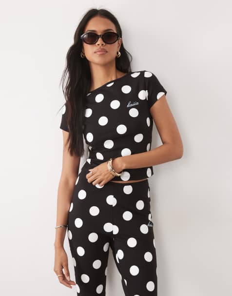 Kaiia exclusive cotton rich cropped baby tee in black and white polka dot - part of a set - view 1