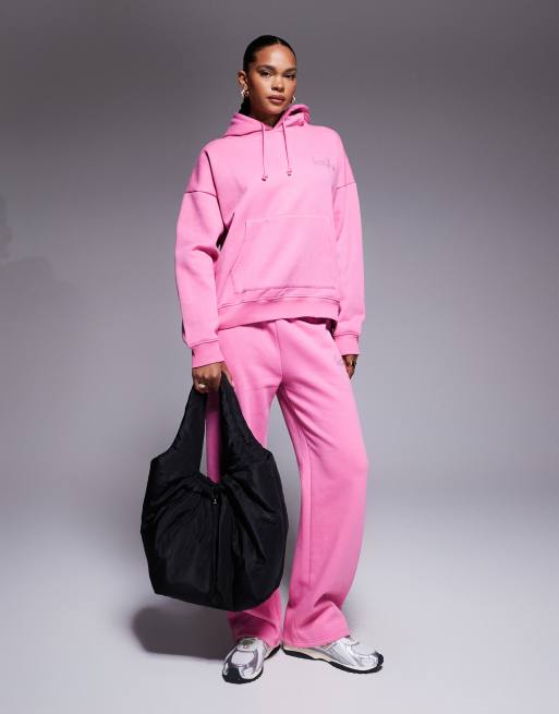 Kaiia exclusive cotton rich diamante logo oversized hoodie co-ord in hot pink  , 3 of 4