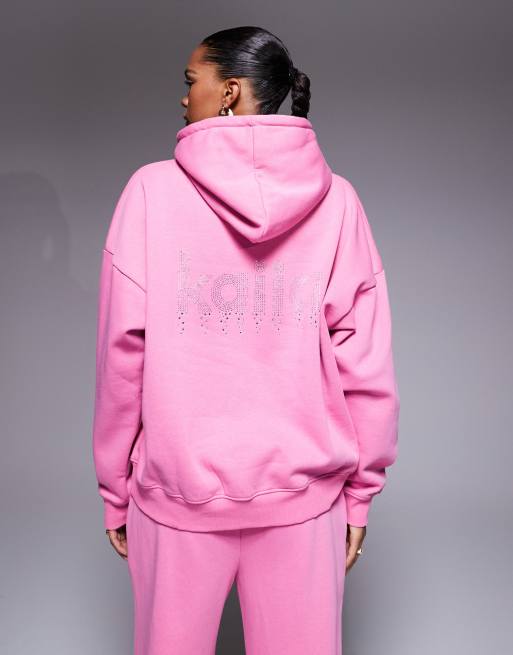 Kaiia exclusive cotton rich diamante logo oversized hoodie co-ord in hot pink  , 4 of 4