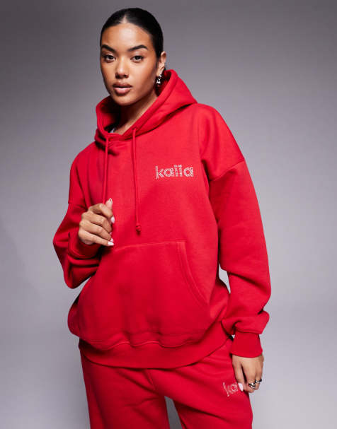 Kaiia exclusive cotton rich diamante logo oversized hoodie co-ord in red - view 1