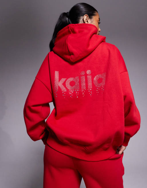 Kaiia exclusive cotton rich diamante logo oversized hoodie co-ord in red, 2 of 4