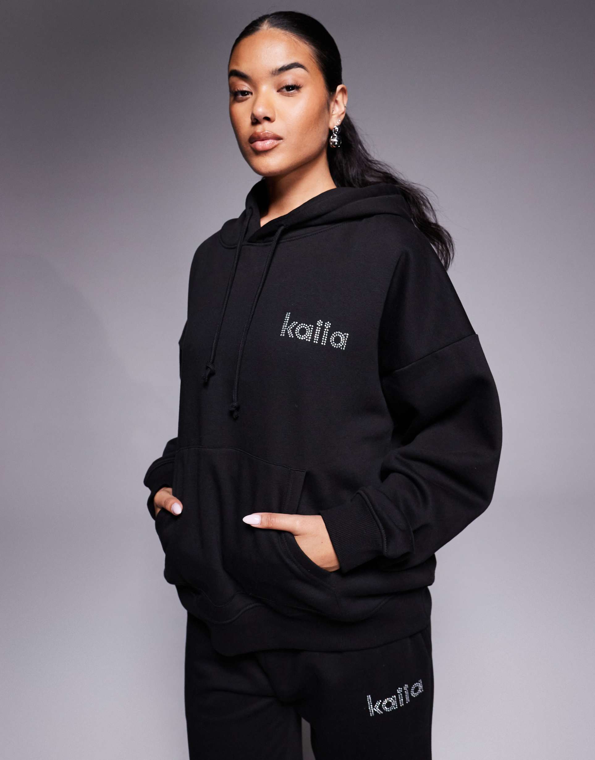 kaiia exclusive cotton rich diamante logo oversized hoodie in black - part of a set