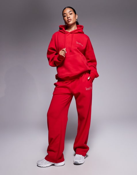 Kaiia exclusive cotton rich diamante logo wide leg sweatpants in red - part of a set - view 1
