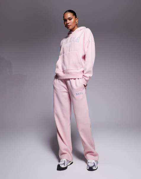 Kaiia exclusive cotton rich embroidered logo wide leg joggers co-ord in baby pink and blue - view 1