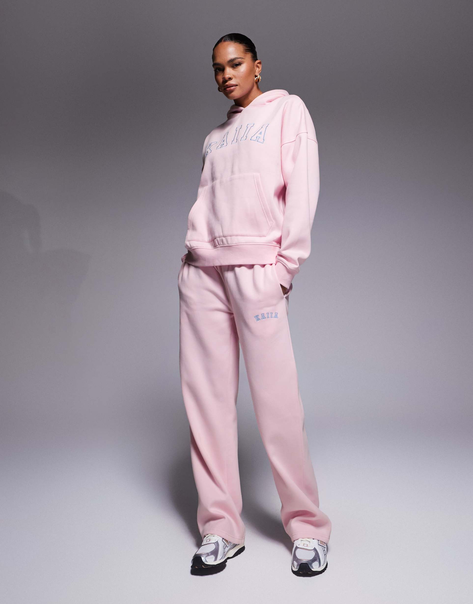 kaiia exclusive cotton rich embroidered logo wide leg sweatpants in baby pink and blue - part of a set
