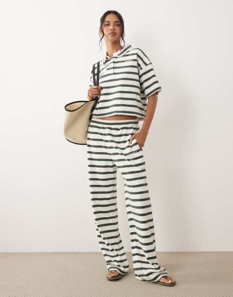 Kaiia exclusive cotton rich embroidered logo wide leg towelling joggers co-ord in green and white stripe - view 1