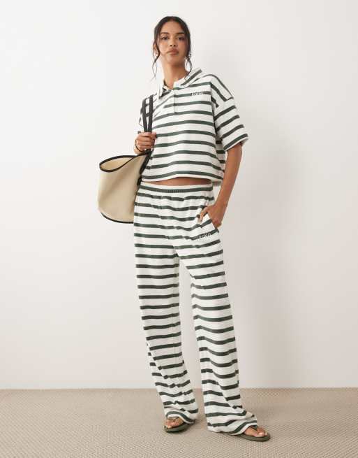 Kaiia embroidered logo collared towelling polo top and trackies set in green and white stripe, 2 of 3