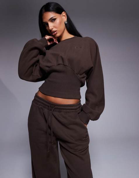 Kaiia exclusive cotton rich extreme oversized sleeve cinched waist sweatshirt co-ord in chocolate  