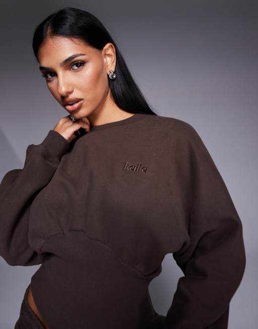 Kaiia exclusive cotton rich extreme oversized sleeve cinched waist sweatshirt co-ord in chocolate  , 2 of 4