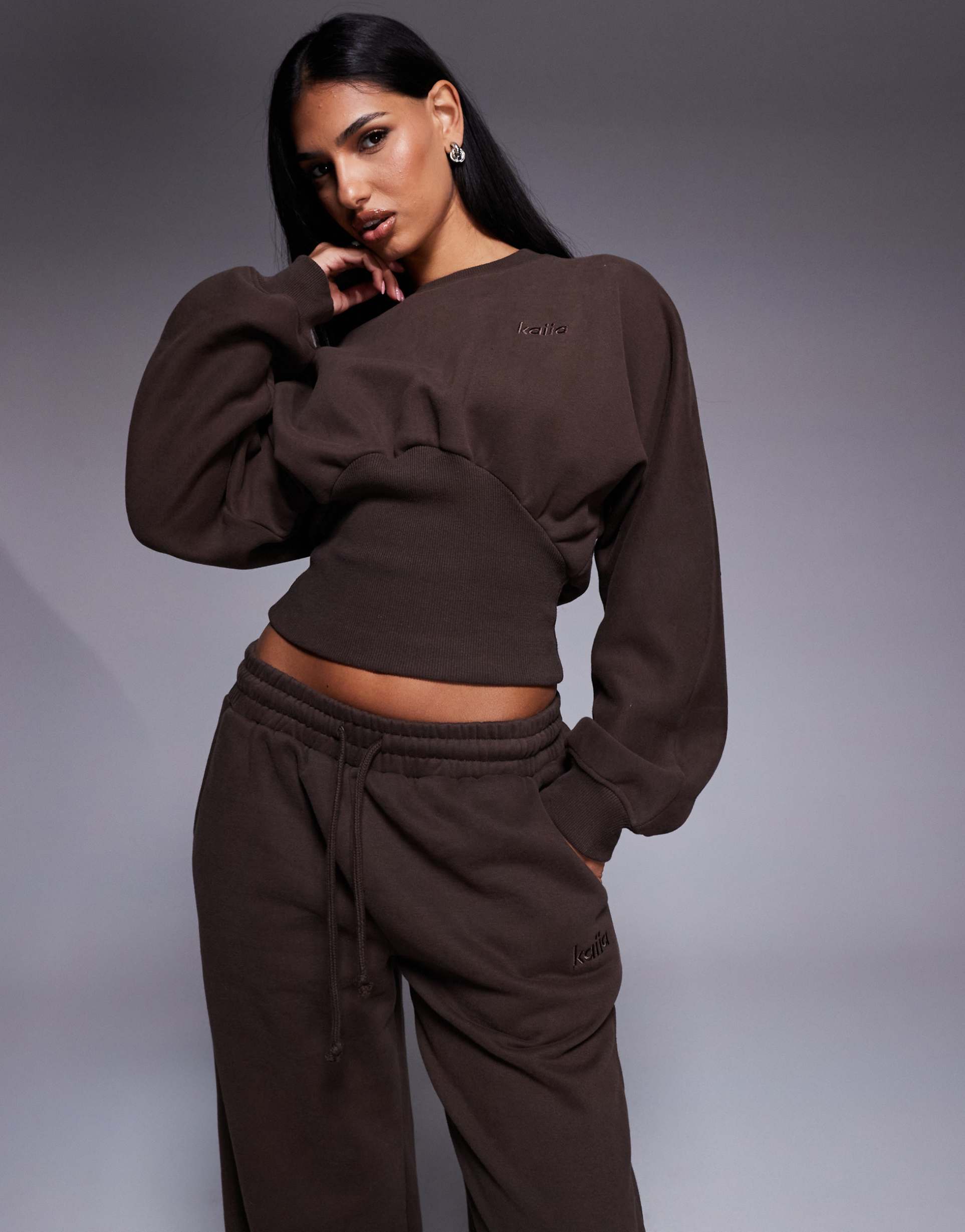 kaiia exclusive cotton rich extreme oversized sleeve cinched waist sweatshirt in chocolate - part of a set
