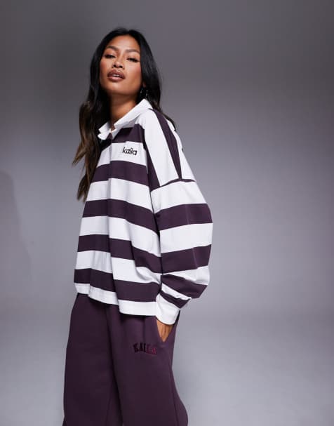 Kaiia exclusive cotton rich oversized long sleeve rugby top in deep purple & cream - view 1