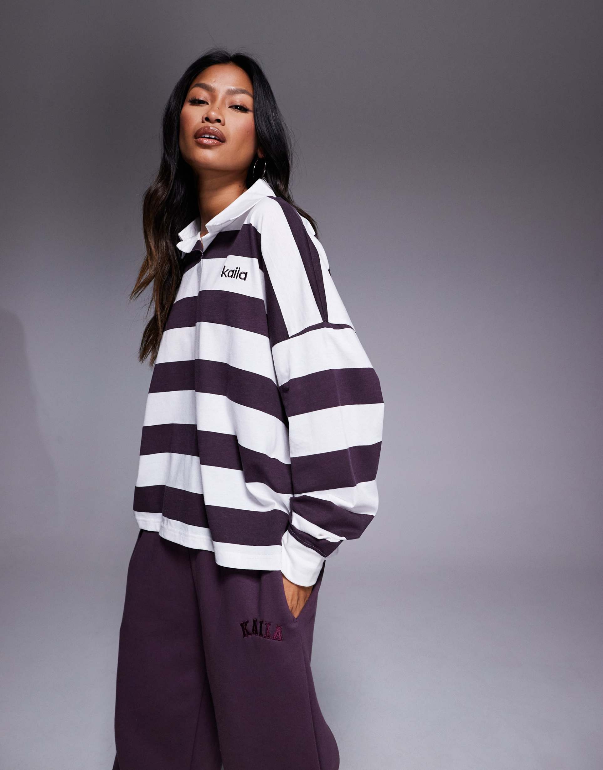 kaiia exclusive cotton rich oversized long sleeve rugby top in deep purple & cream