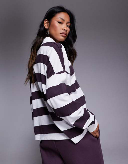Kaiia exclusive cotton rich oversized long sleeve rugby top in deep purple & cream  , 2 of 4