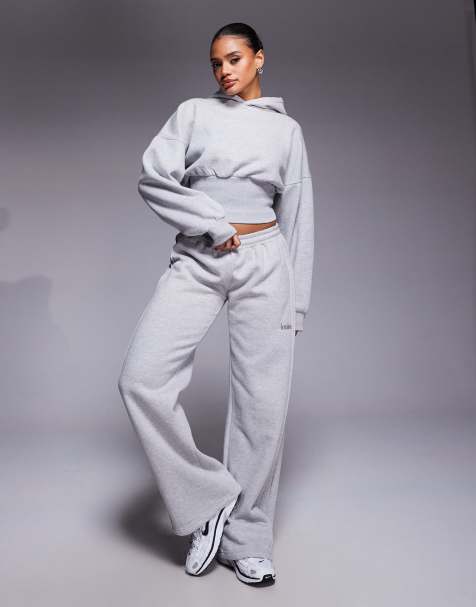 Kaiia exclusive cotton rich pintuck side seam detail wide leg joggers in mid grey - view 1