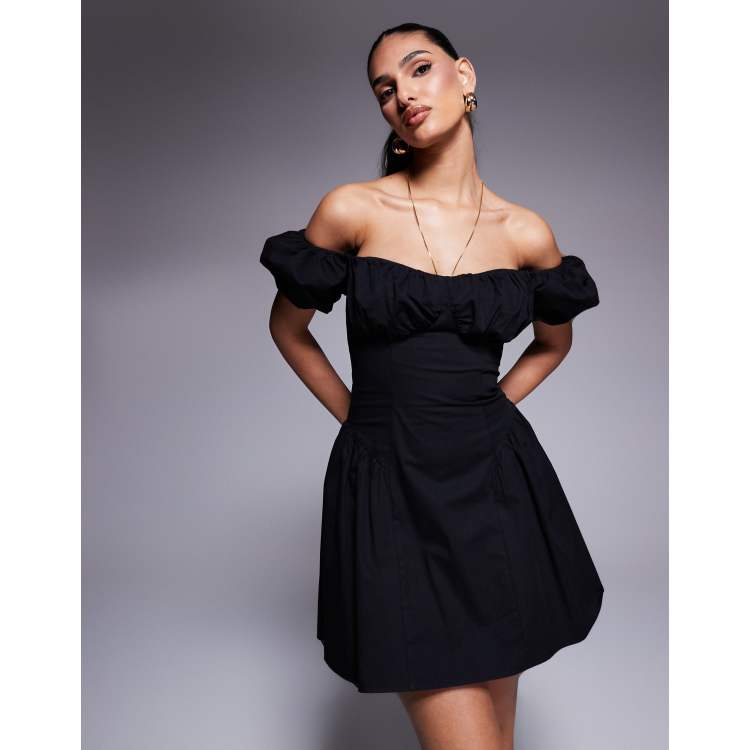 ワンピース Cereal PUFF POM MINI DRESS BLACK Gabrielle Puff Sleeve