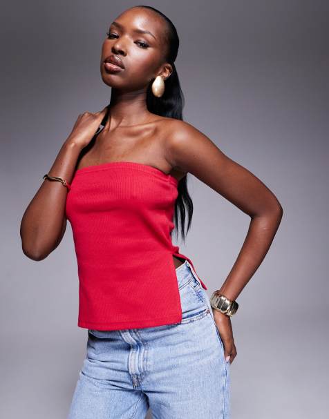 Kaiia exclusive cotton rich ribbed bandeau side split top in red    - view 1
