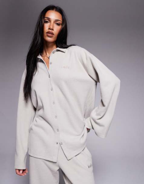 Kaiia exclusive cotton rich ribbed button front top in stone (part of a set) - view 1