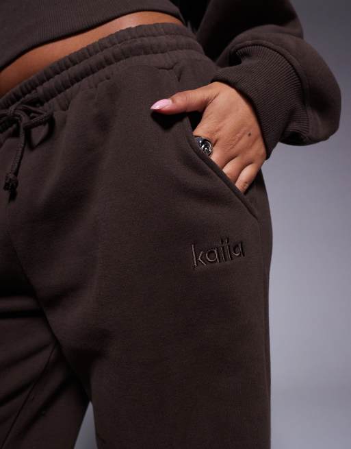 Kaiia exclusive cotton rich ribbed waistband joggers co-ord in chocolate  , 2 of 5