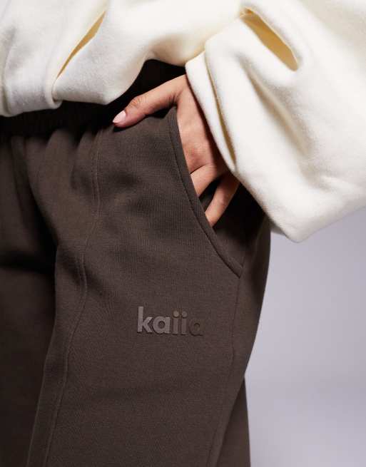 Kaiia exclusive cotton rich seam detail barrel leg joggers in chocolate brown  , 2 of 5