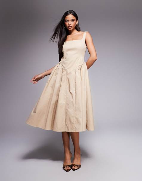 Kaiia exclusive cotton rich square neck gathered hip detail midi dress in beige - view 1