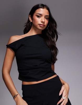 Kaiia Exclusive Cotton Rich Stretch Twist Off Shoulder Top In Black