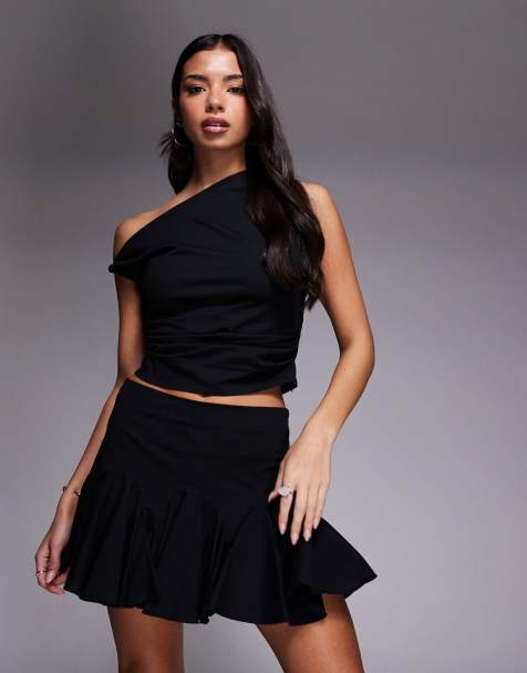 Kaiia exclusive cotton rich stretch volume godet mini skirt co-ord in black