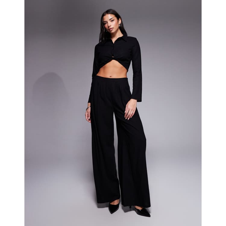 Kaiia exclusive cotton rich structured shoulder detail cropped long sleeve  shirt and high waisted flare pants set in black | ASOS